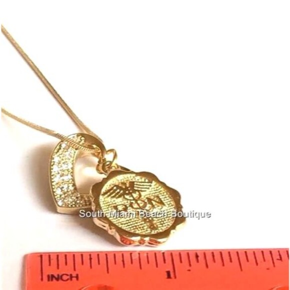Nursing RN Caduceus Necklace Crystal Heart Nurse Graduation Gift Gold Plated - Picture 7 of 8